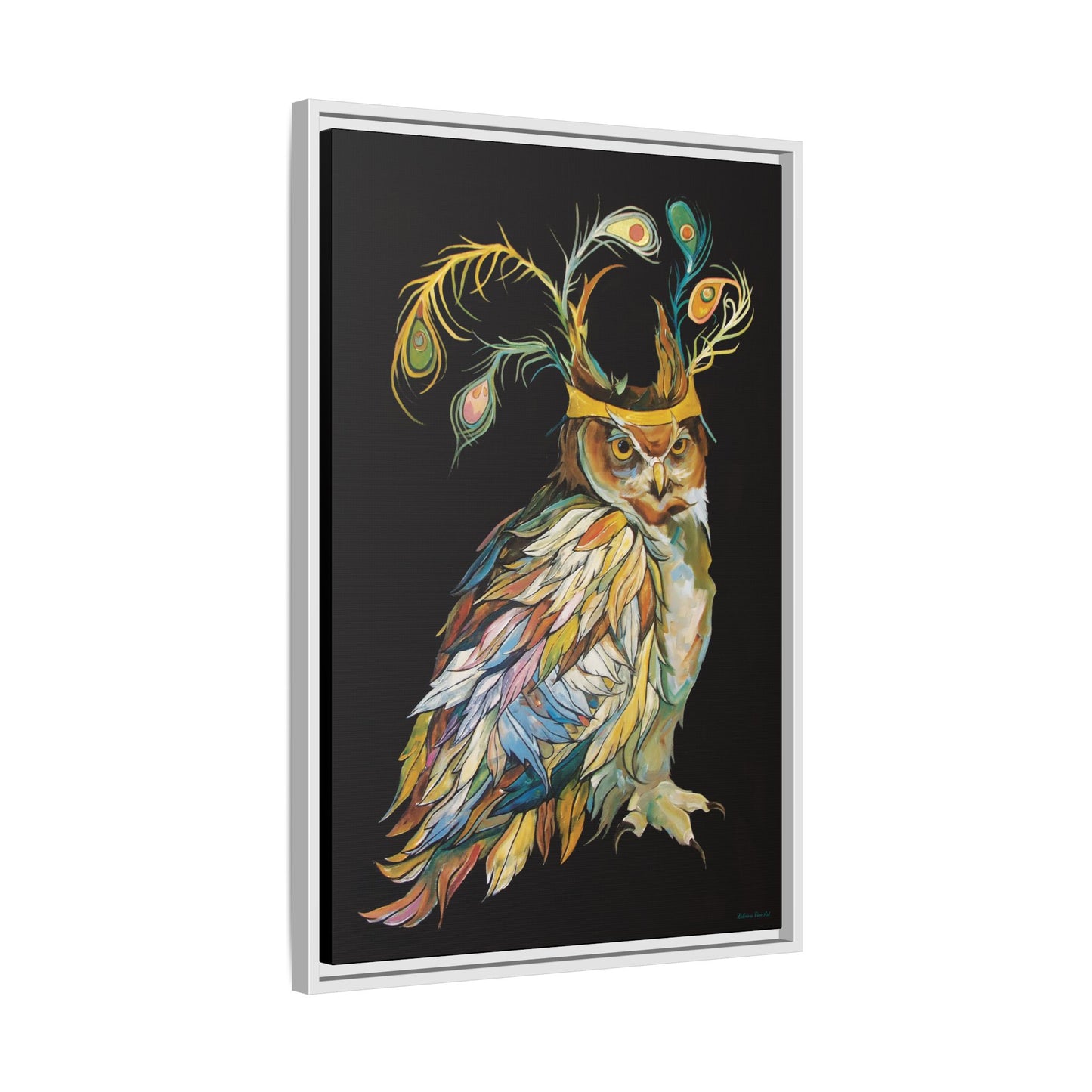 "Owl In A Peacock Crown" Framed Canvas Fine Art Reproduction by Zabrina Fine Art