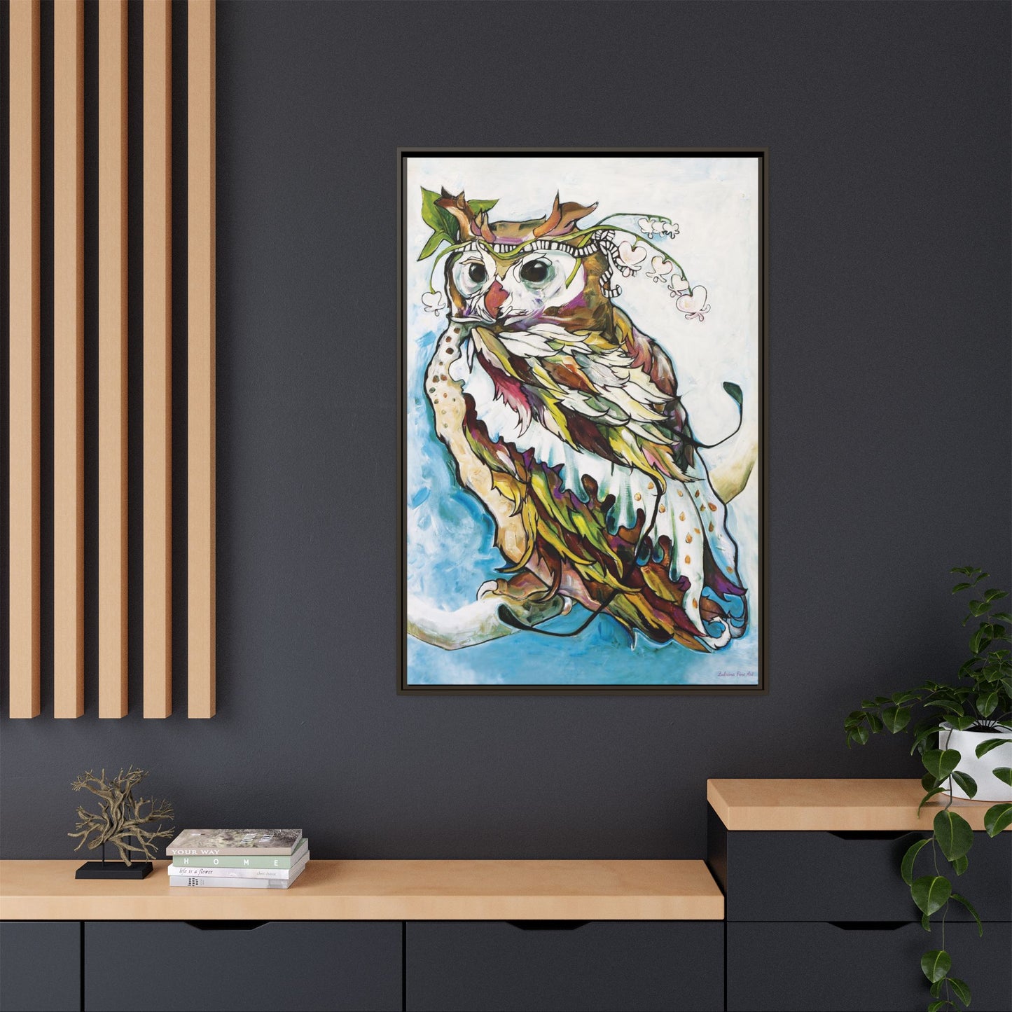 "Owl In Bleeding Hearts Crown" Framed Canvas Fine Art Reproduction by Zabrina Fine Art