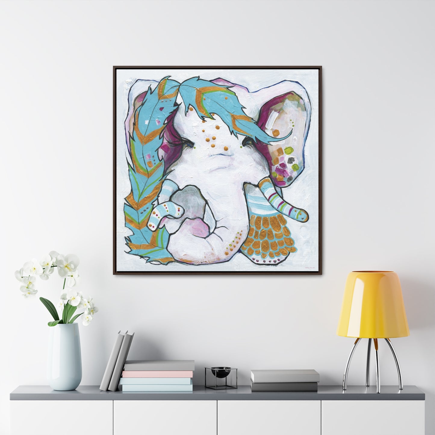 "Blue Feather Elephant" Framed Canvas Fine Art Reproduction by Zabrina Fine Art