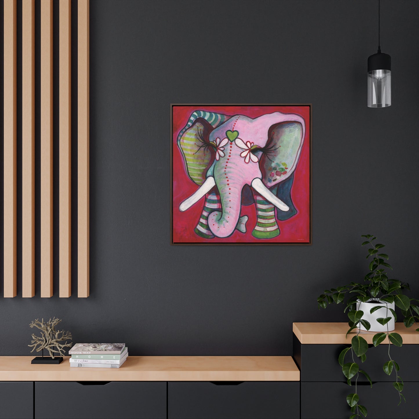 "Green Heart Elephant With Red" Framed Canvas Fine Art Reproduction by Zabrina Fine Art