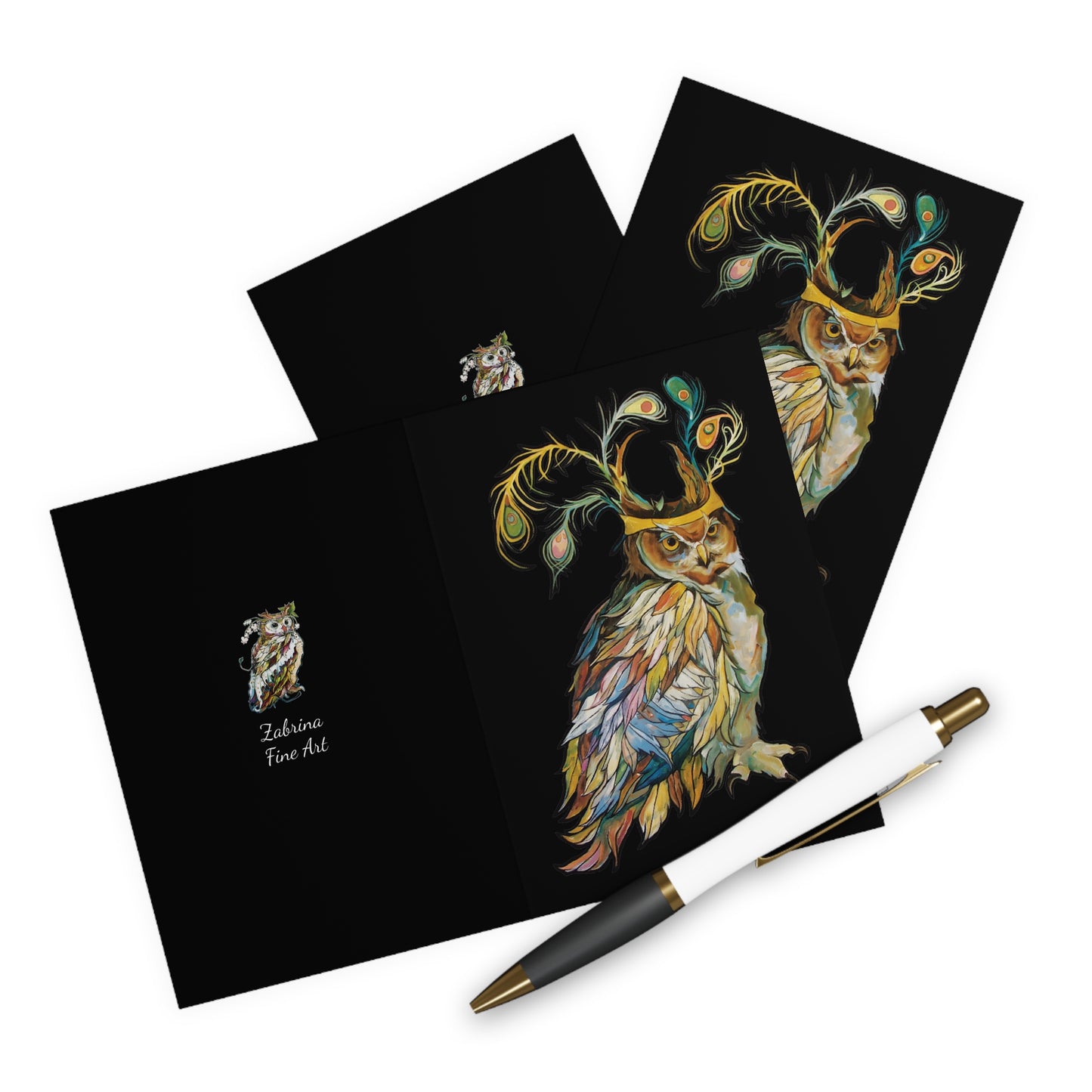 "Peacock Crown Owl" Notecards by Zabrina Fine Art (set of 5)