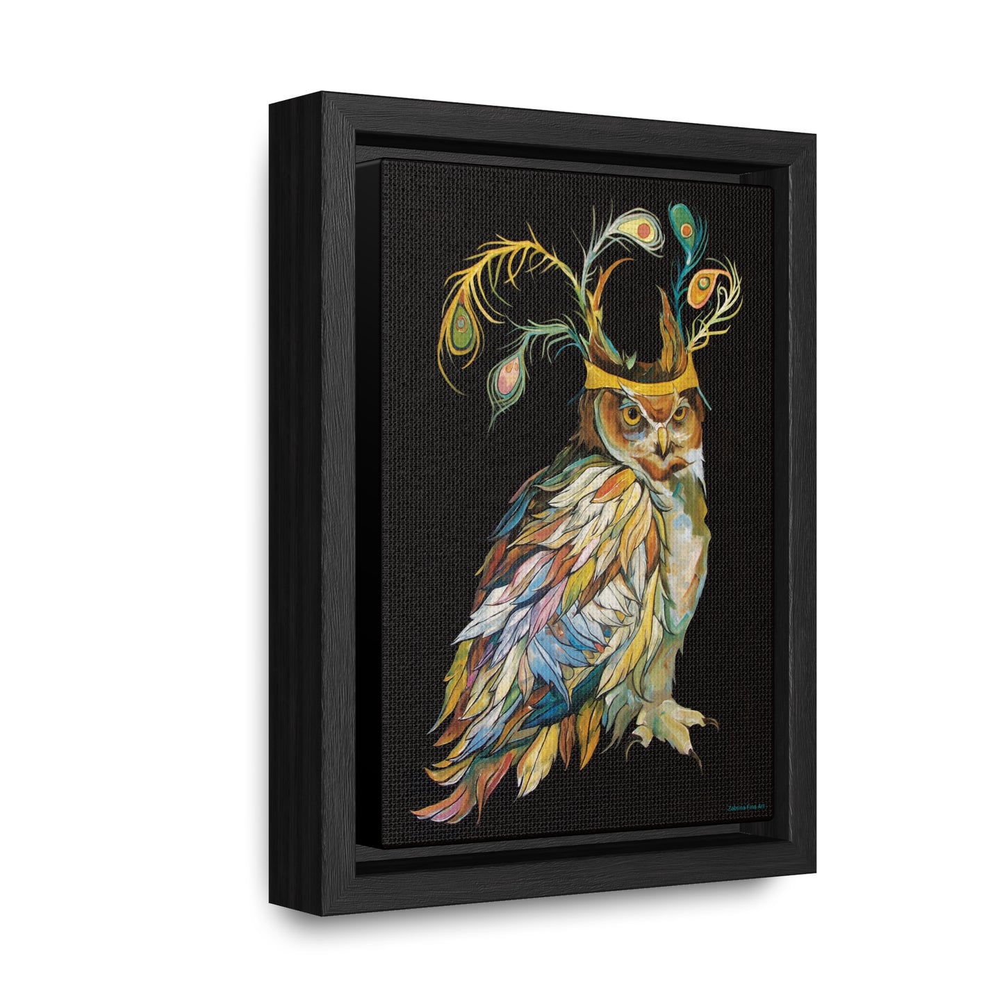 "Owl In A Peacock Crown" Framed Canvas Fine Art Reproduction by Zabrina Fine Art