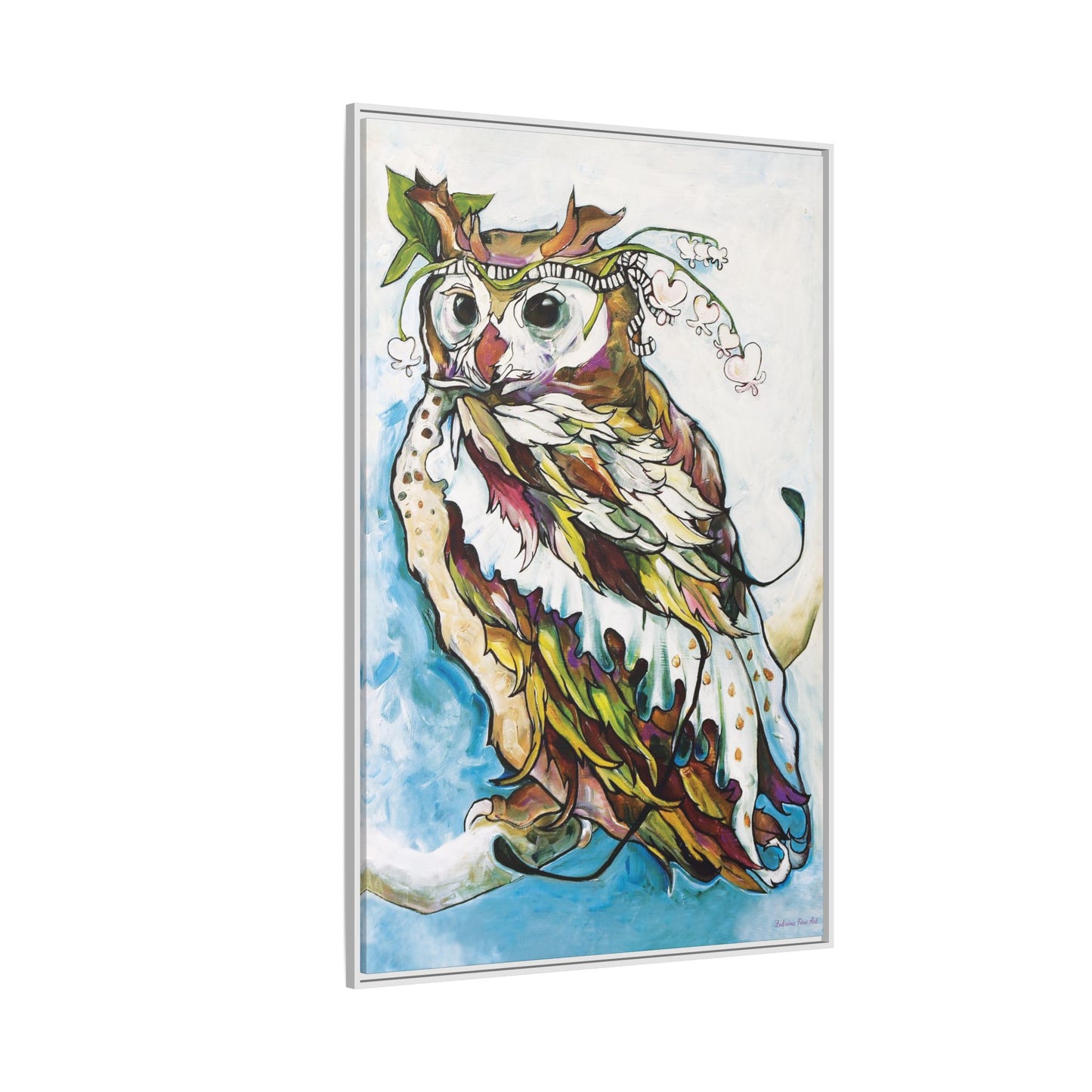 "Owl In Bleeding Hearts Crown" Framed Canvas Fine Art Reproduction by Zabrina Fine Art