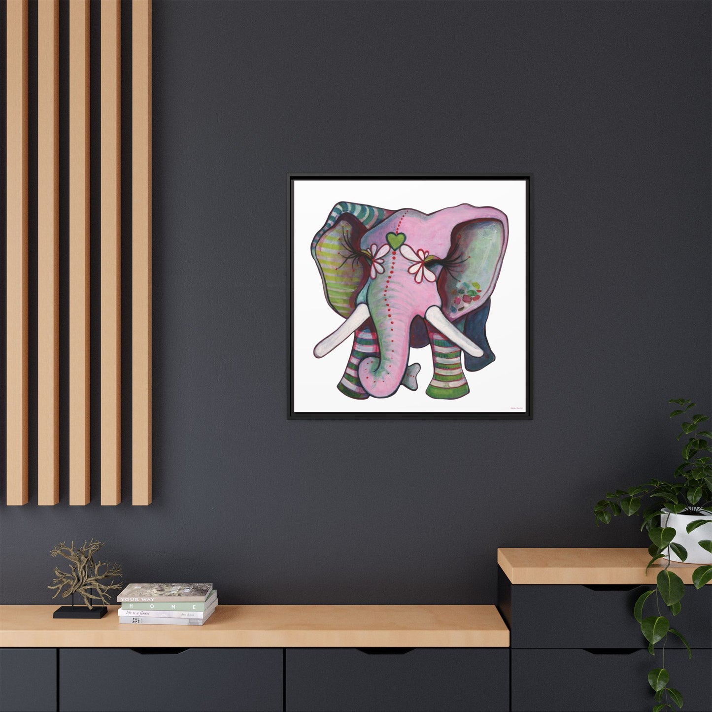 "Green Heart Elephant" Framed Canvas Fine Art Reproduction by Zabrina Fine Art