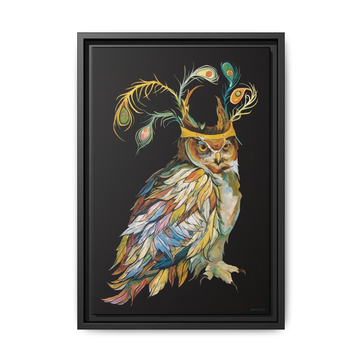 "Owl In A Peacock Crown" Framed Canvas Fine Art Reproduction by Zabrina Fine Art