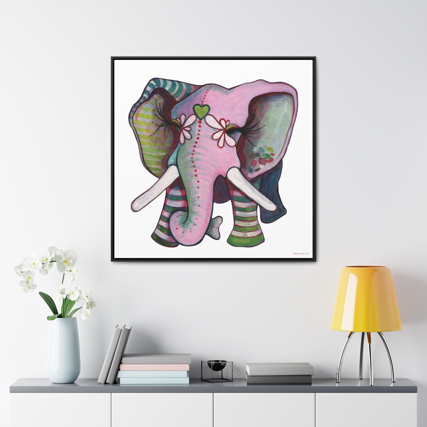 "Green Heart Elephant" Framed Canvas Fine Art Reproduction by Zabrina Fine Art