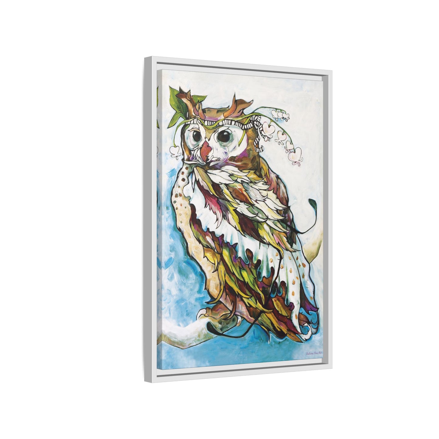 "Owl In Bleeding Hearts Crown" Framed Canvas Fine Art Reproduction by Zabrina Fine Art