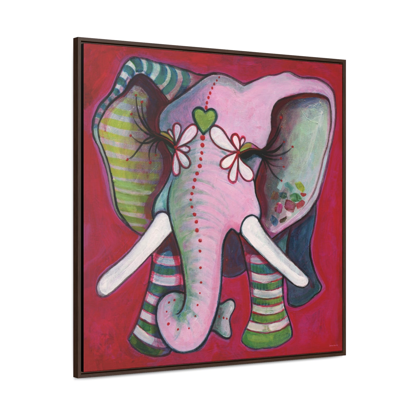 "Green Heart Elephant With Red" Framed Canvas Fine Art Reproduction by Zabrina Fine Art