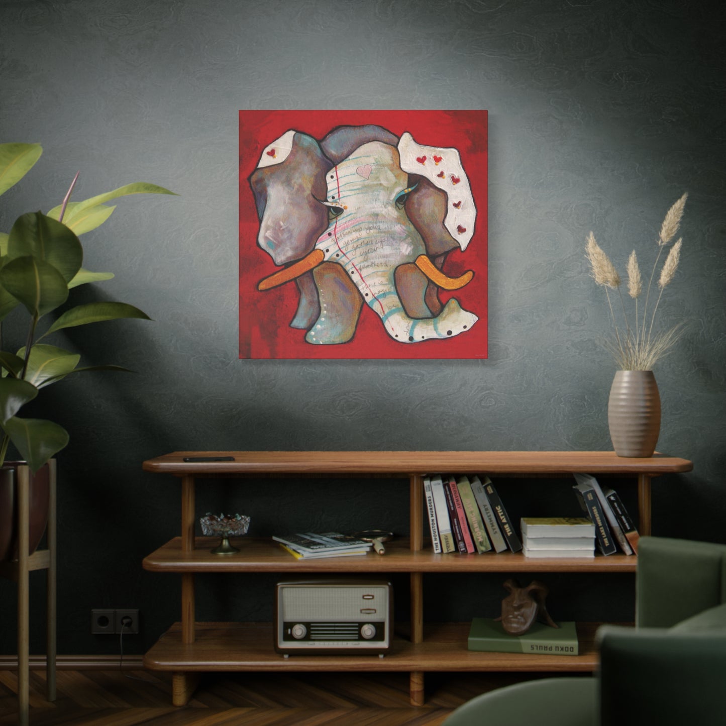 "Red Heart Elephant" Unframed Canvas Black Edge Reproduction by Zabrina Fine Art