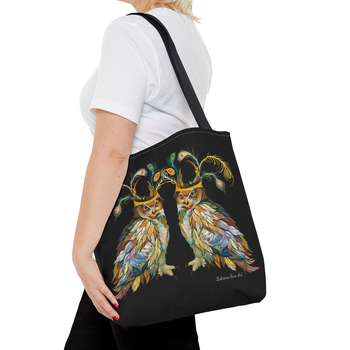 "Two Owls" Tote Bag Black by Zabrina Fine Art