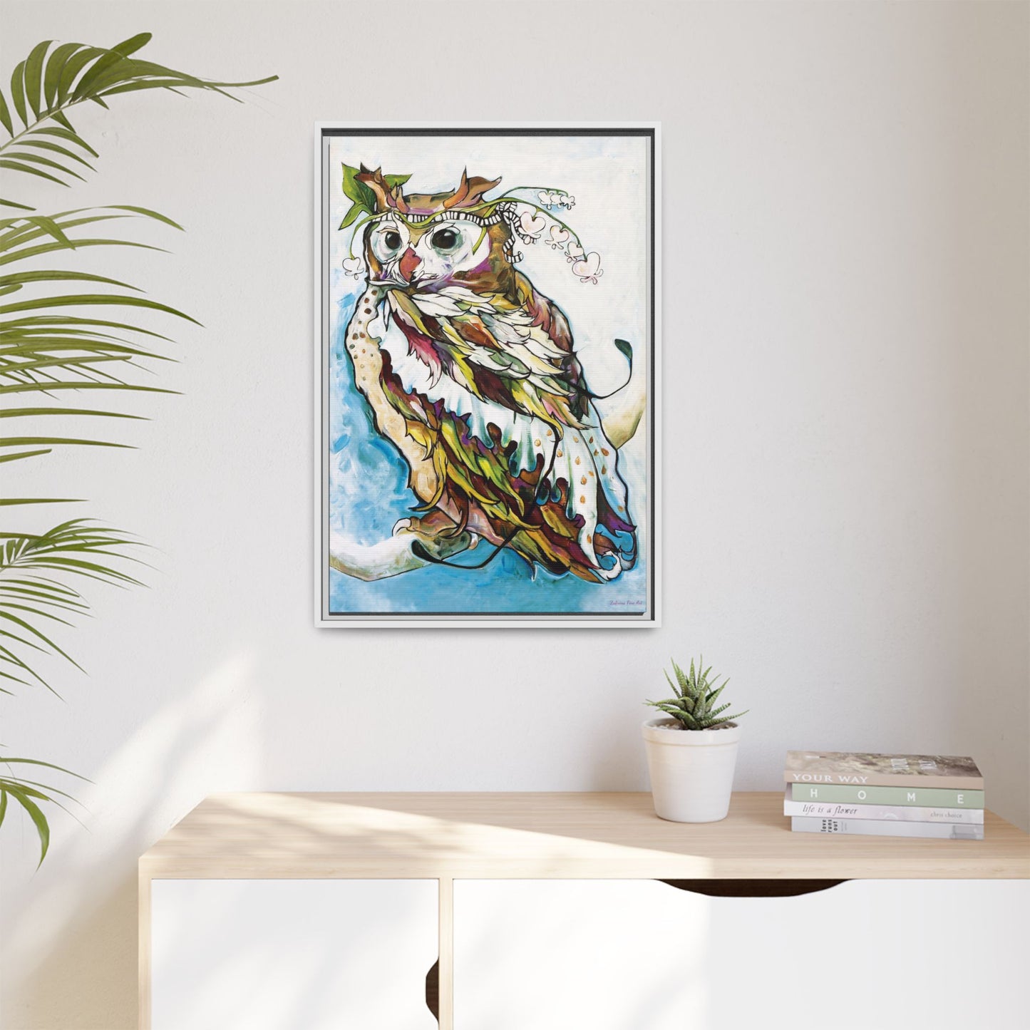 "Owl In Bleeding Hearts Crown" Framed Canvas Fine Art Reproduction by Zabrina Fine Art