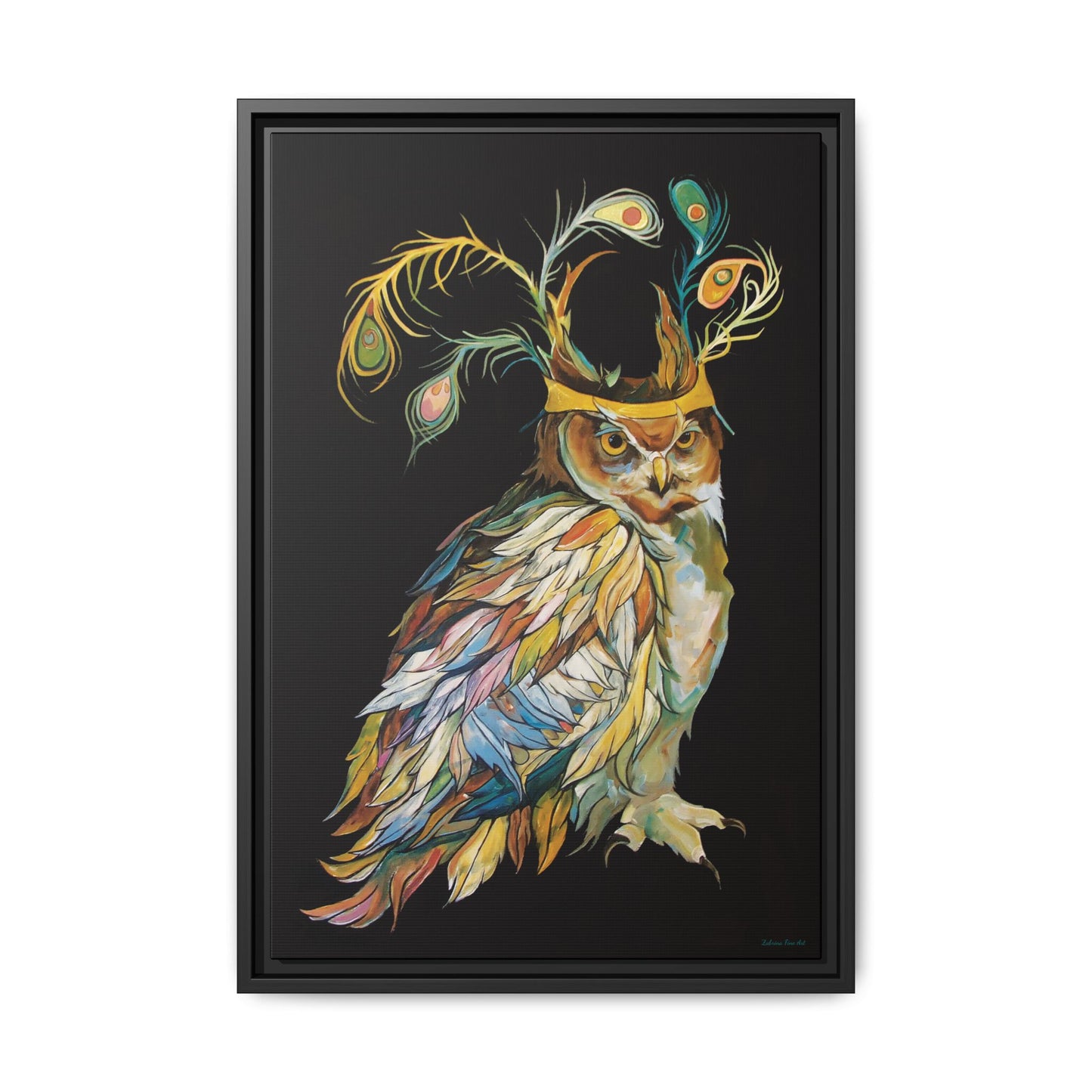"Owl In A Peacock Crown" Framed Canvas Fine Art Reproduction by Zabrina Fine Art