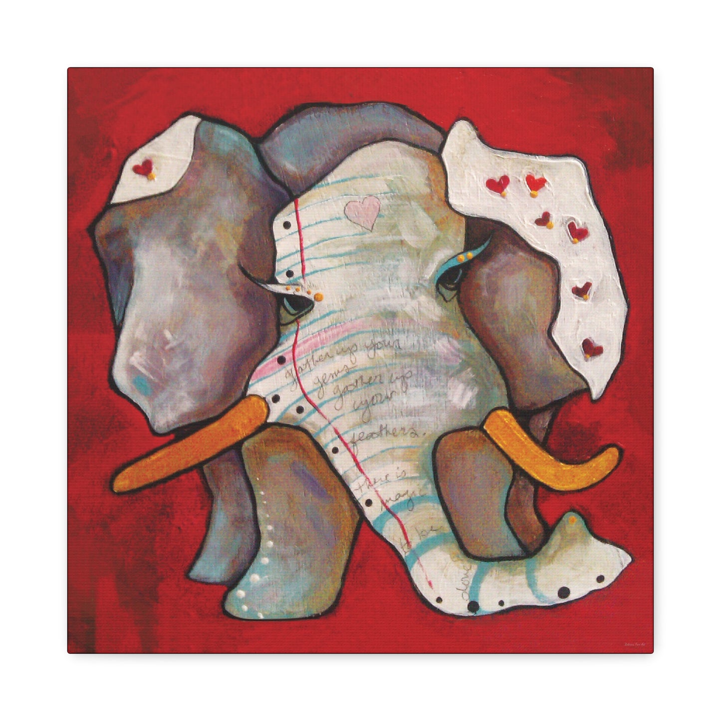 "Red Heart Elephant" Unframed Canvas Black Edge Reproduction by Zabrina Fine Art