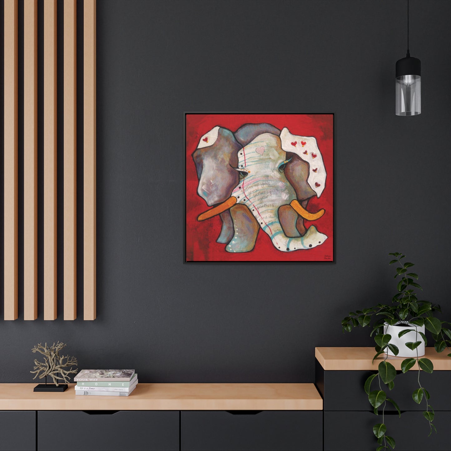 "Red Heart Elephant" Framed Canvas Fine Art Reproduction by Zabrina Fine Art