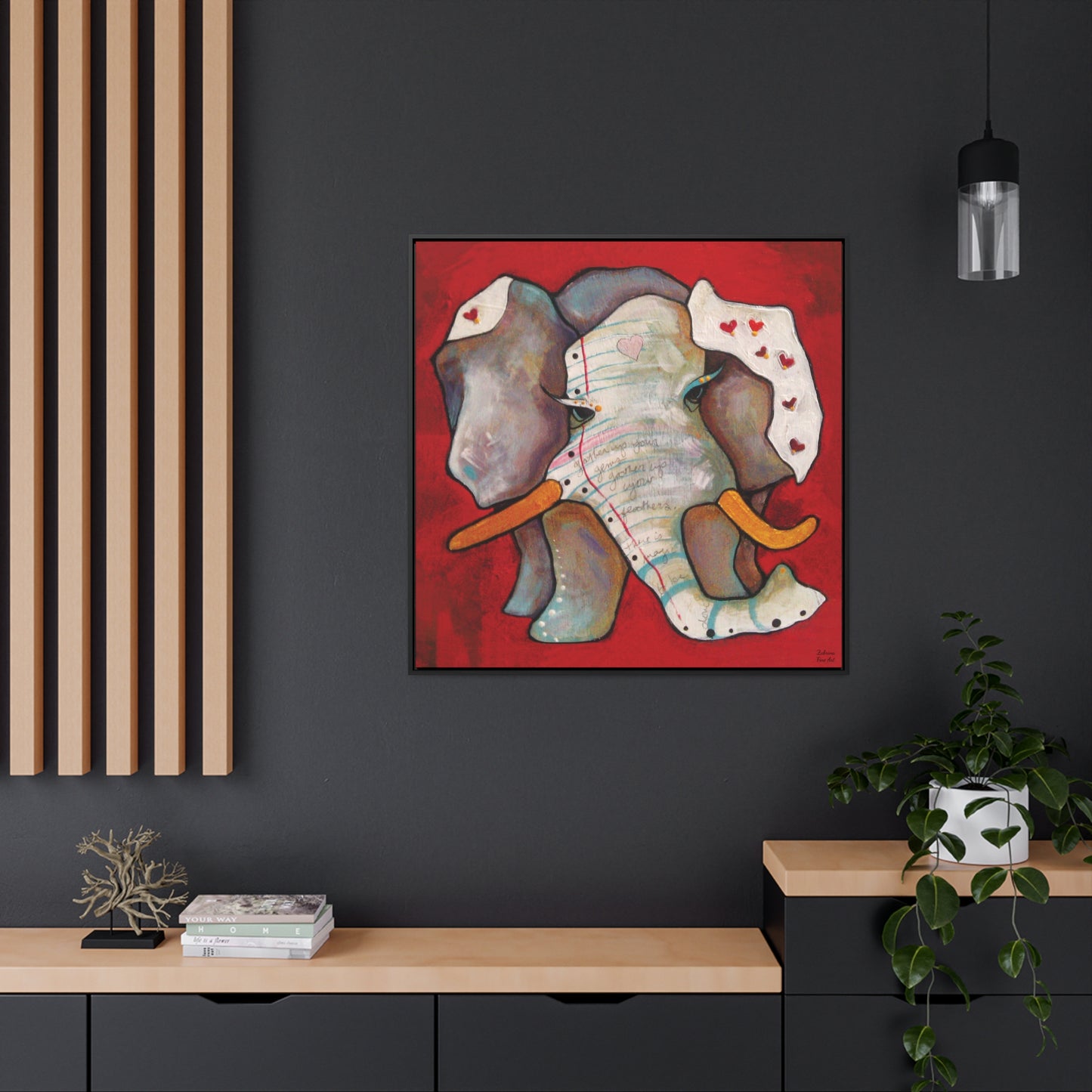 "Red Heart Elephant" Framed Canvas Fine Art Reproduction by Zabrina Fine Art