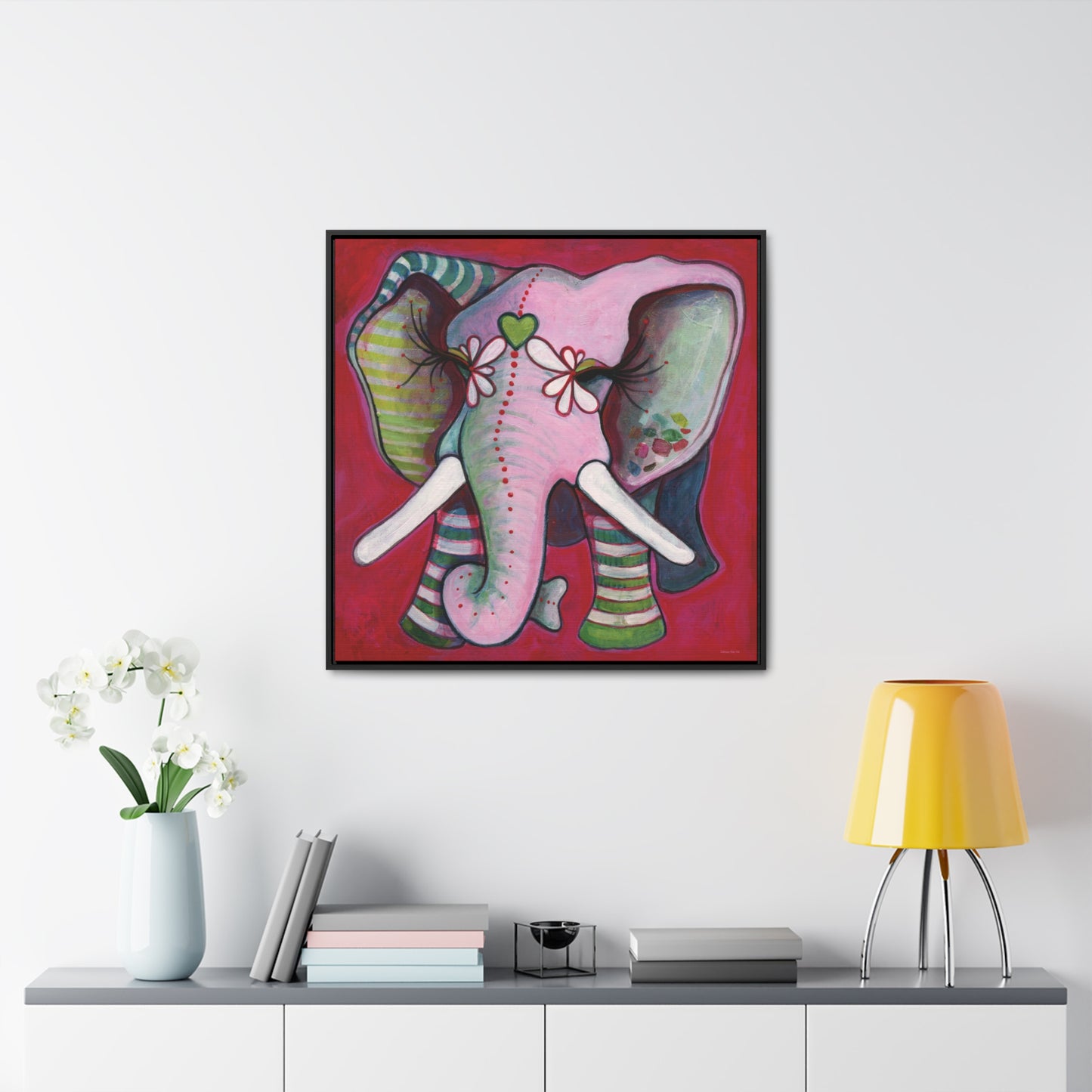 "Green Heart Elephant With Red" Framed Canvas Fine Art Reproduction by Zabrina Fine Art