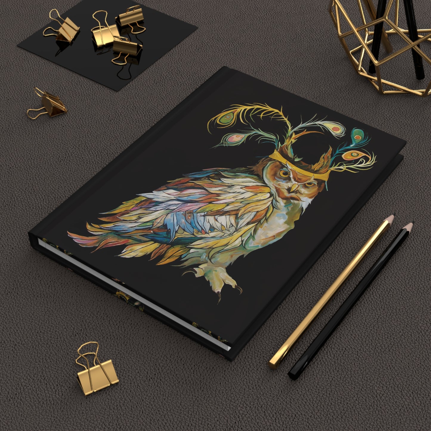 "Peacock Crown Owl" Hardcover Journal by Zabrina Fine Art