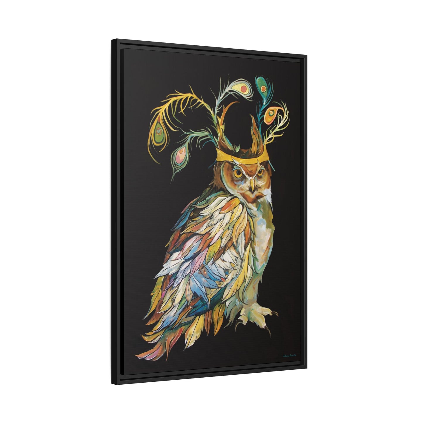 "Owl In A Peacock Crown" Framed Canvas Fine Art Reproduction by Zabrina Fine Art