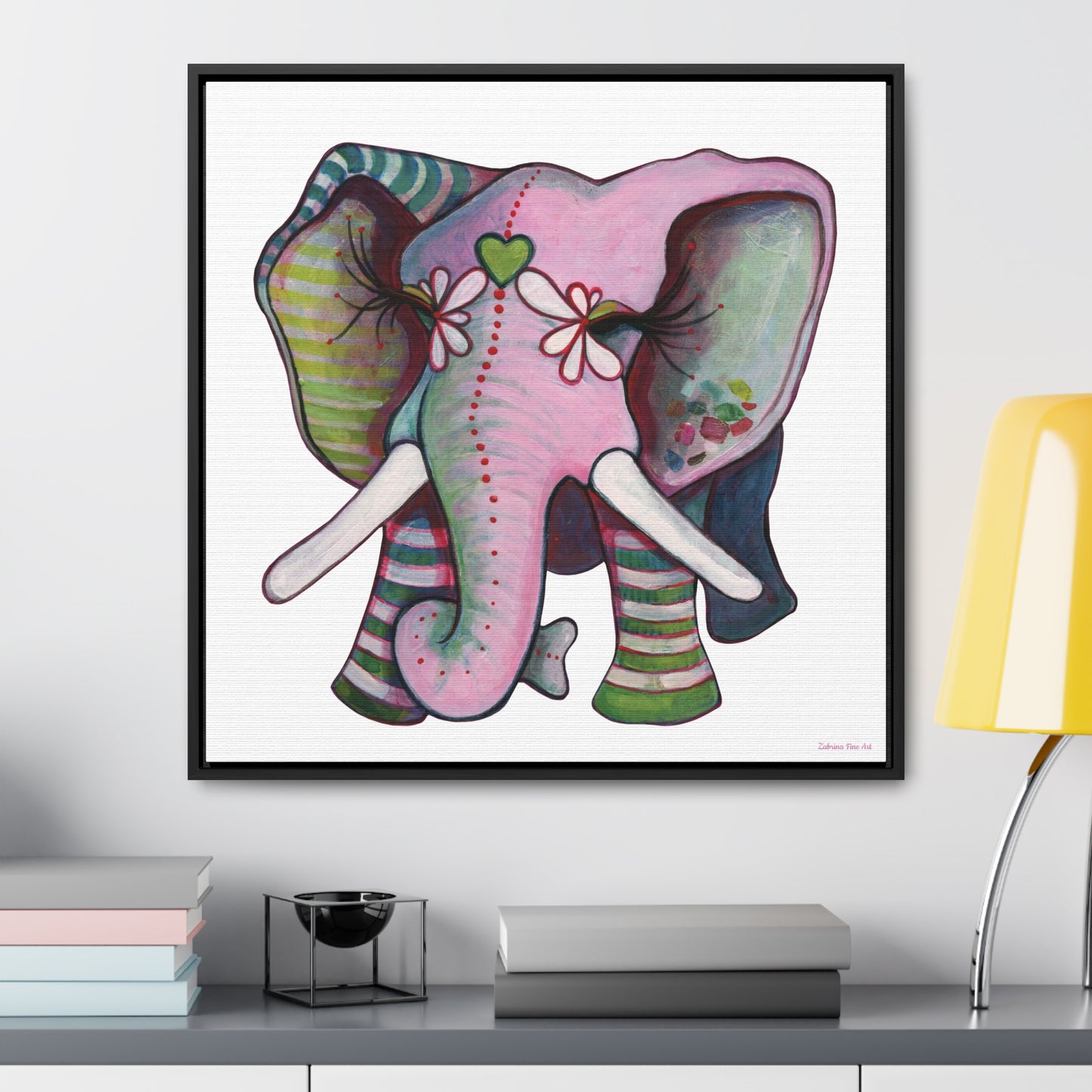 "Green Heart Elephant" Framed Canvas Fine Art Reproduction by Zabrina Fine Art