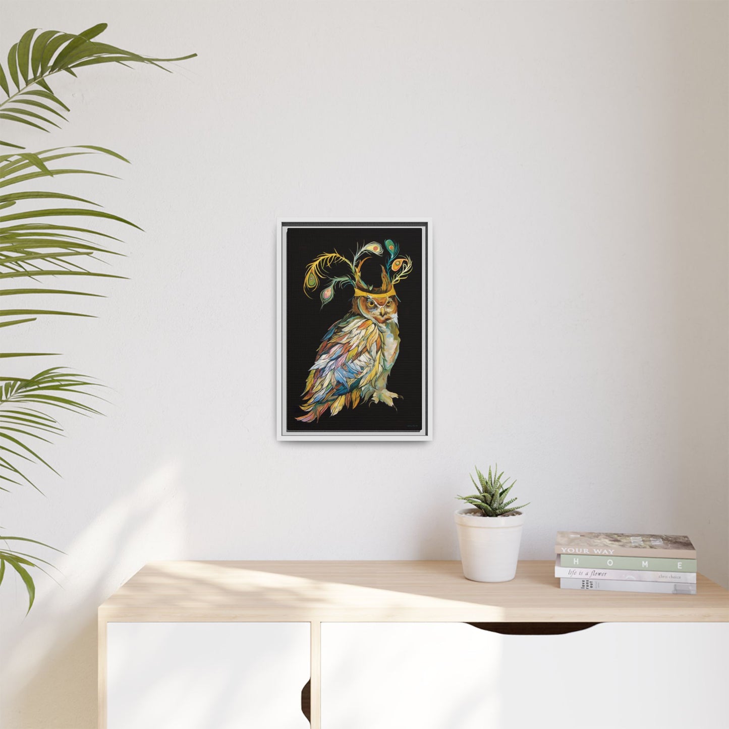 "Owl In A Peacock Crown" Framed Canvas Fine Art Reproduction by Zabrina Fine Art