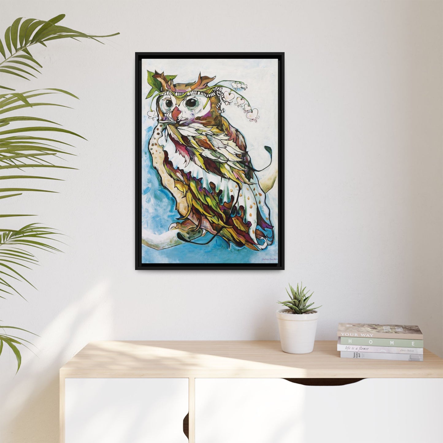 "Owl In Bleeding Hearts Crown" Framed Canvas Fine Art Reproduction by Zabrina Fine Art