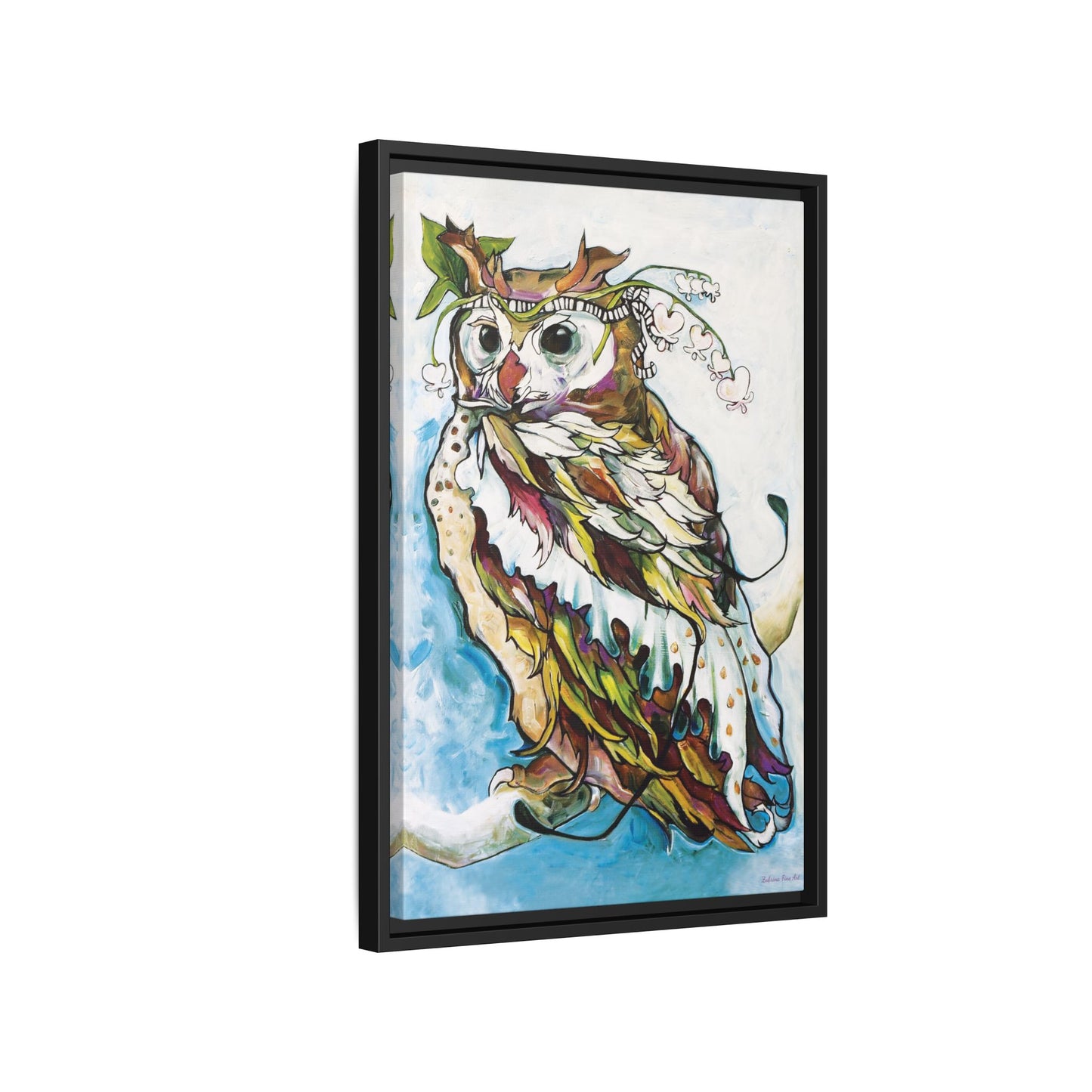 "Owl In Bleeding Hearts Crown" Framed Canvas Fine Art Reproduction by Zabrina Fine Art