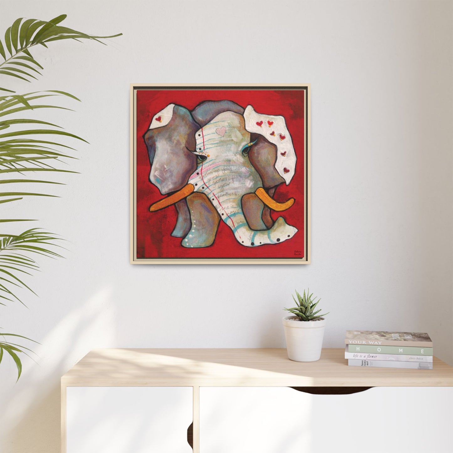 "Red Heart Elephant" Framed Canvas Fine Art Reproduction by Zabrina Fine Art