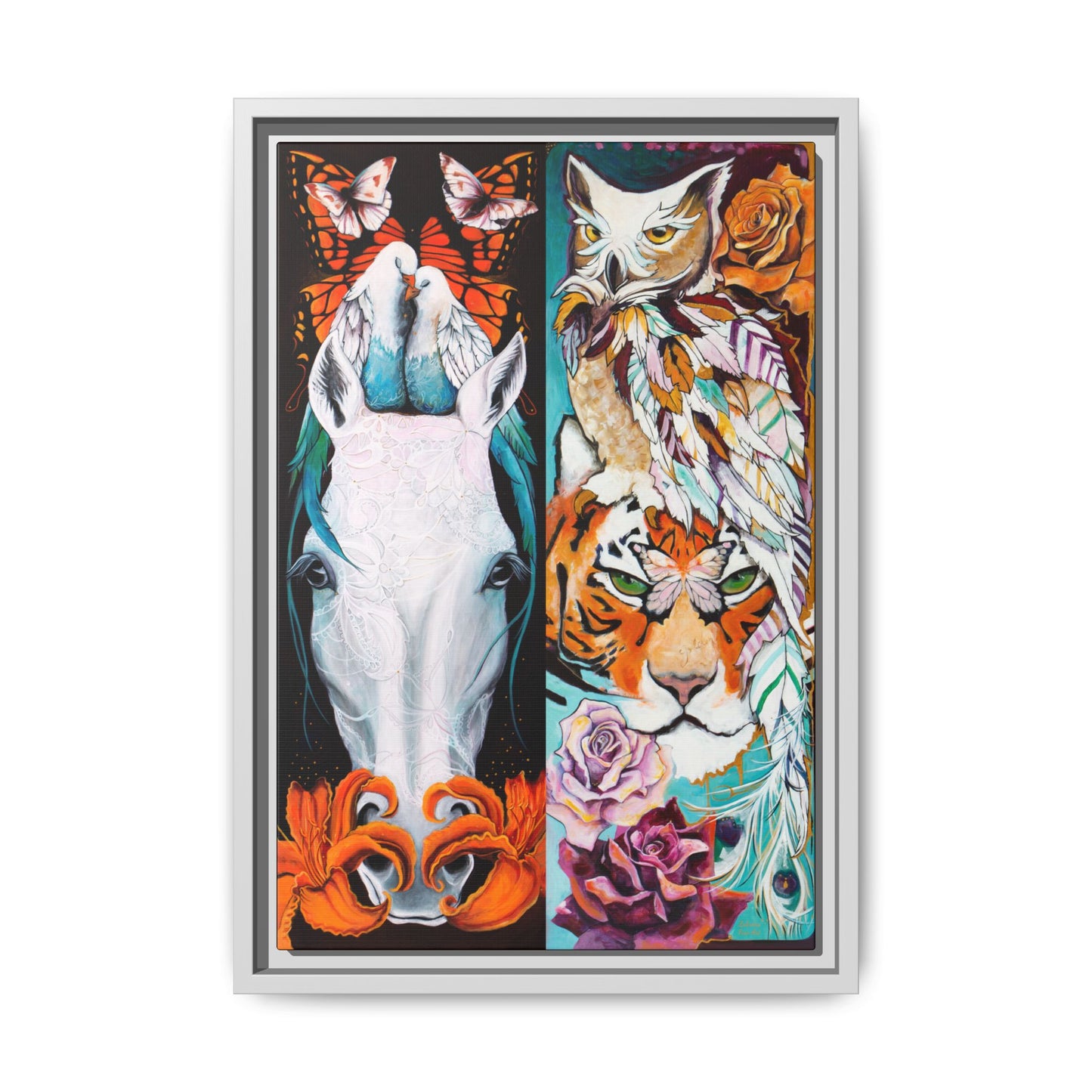 "The Tiger and The Mare" Framed Canvas Fine Art Reproduction by Zabrina Fine Art