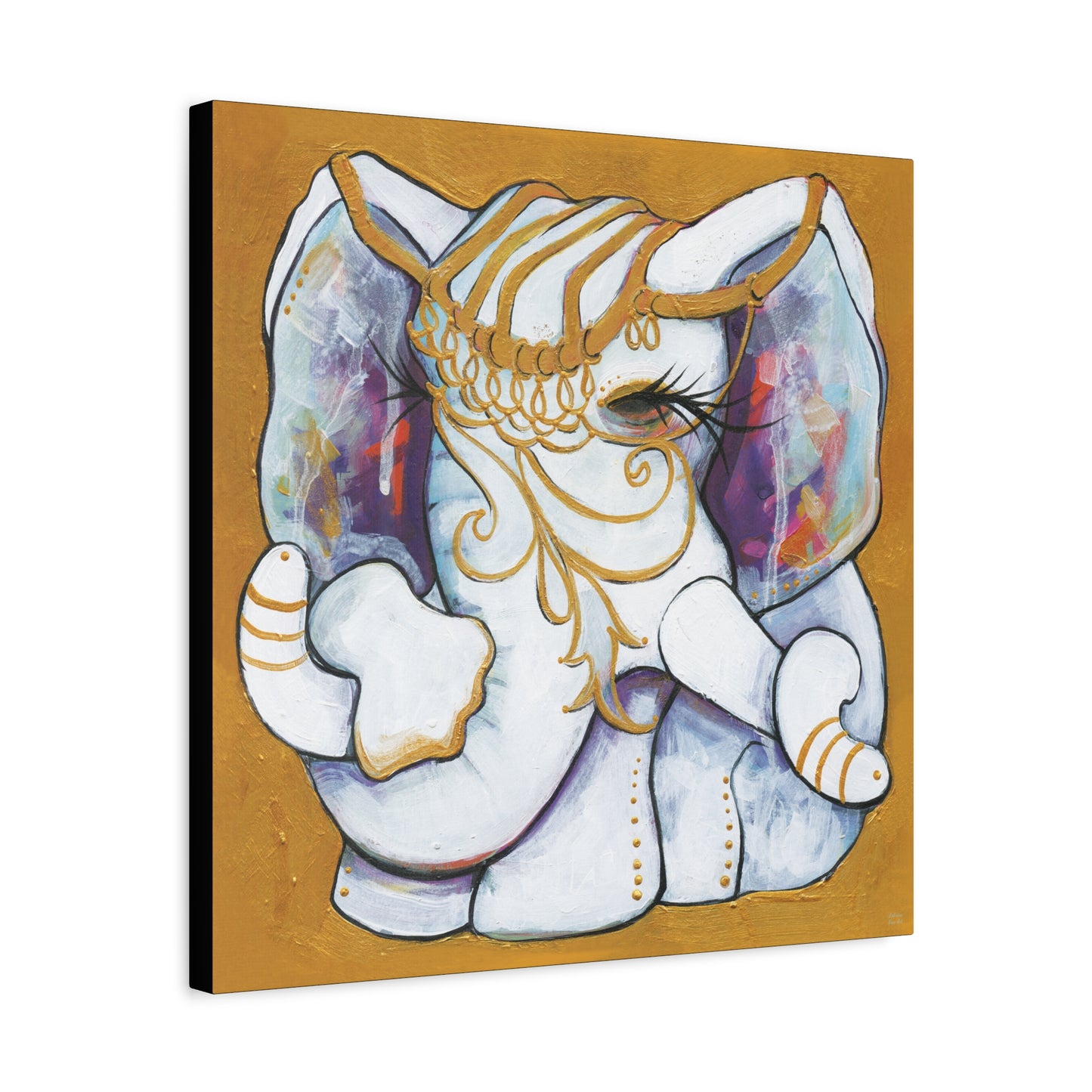 "Gold and White Elephant" Unframed Canvas Black Edge Reproduction by Zabrina Fine Art