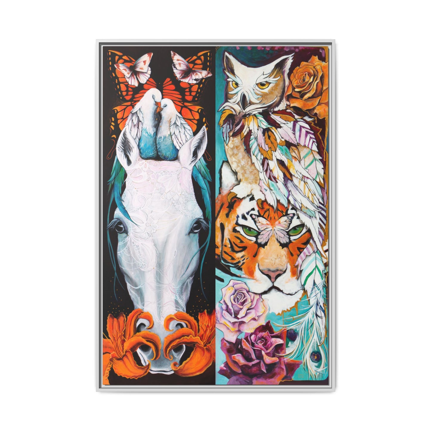 "The Tiger and The Mare" Framed Canvas Fine Art Reproduction by Zabrina Fine Art