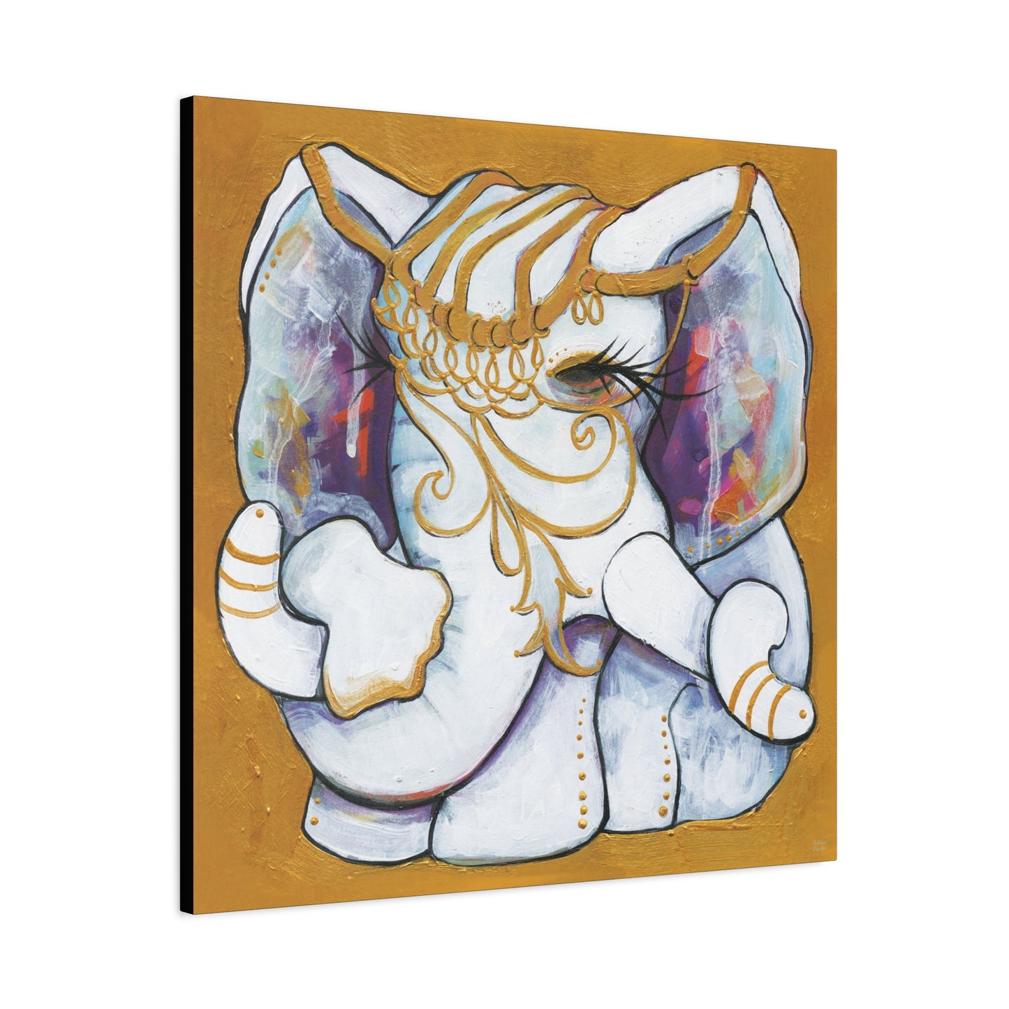 "Gold and White Elephant" Unframed Canvas Black Edge Reproduction by Zabrina Fine Art