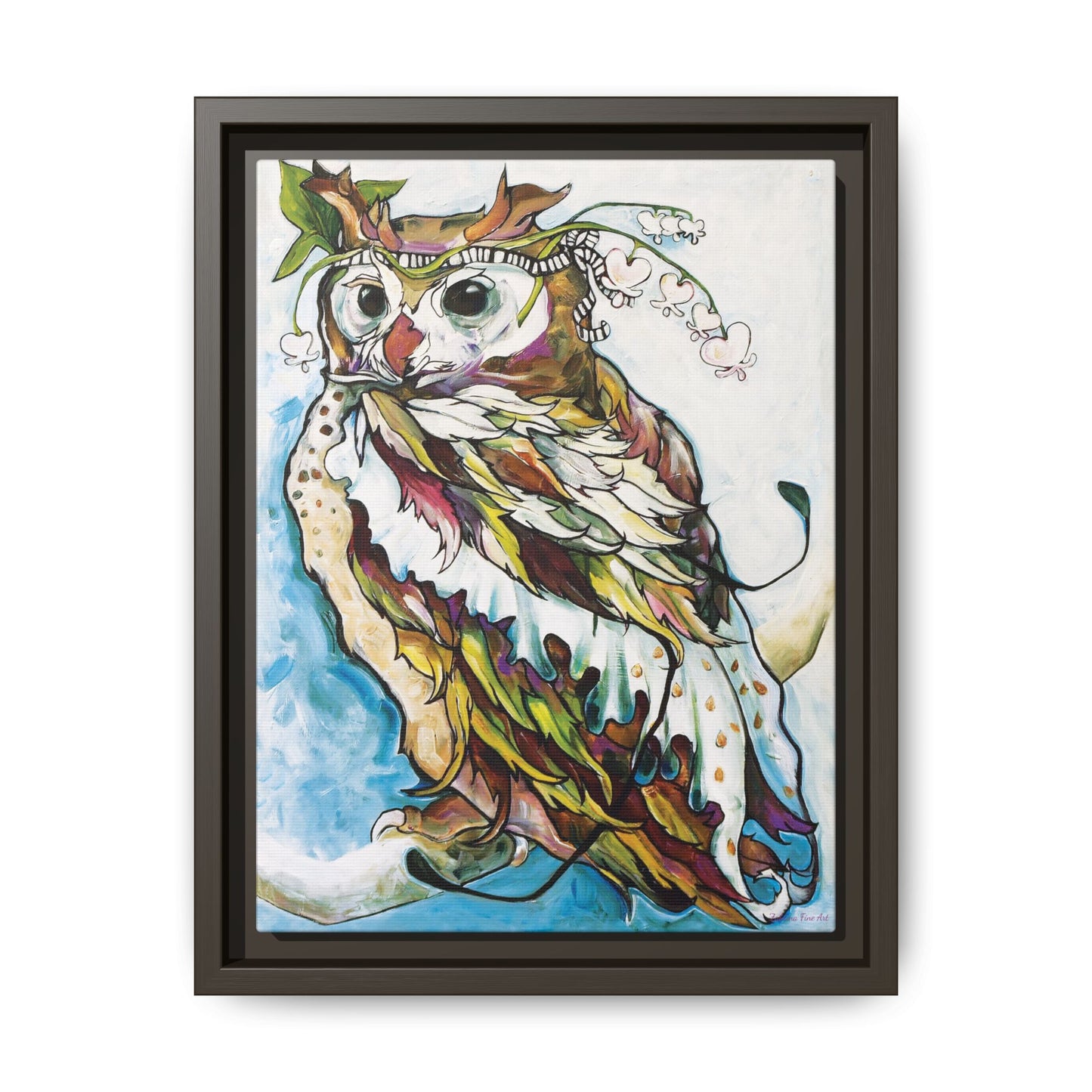 "Owl In Bleeding Hearts Crown" Framed Canvas Fine Art Reproduction by Zabrina Fine Art