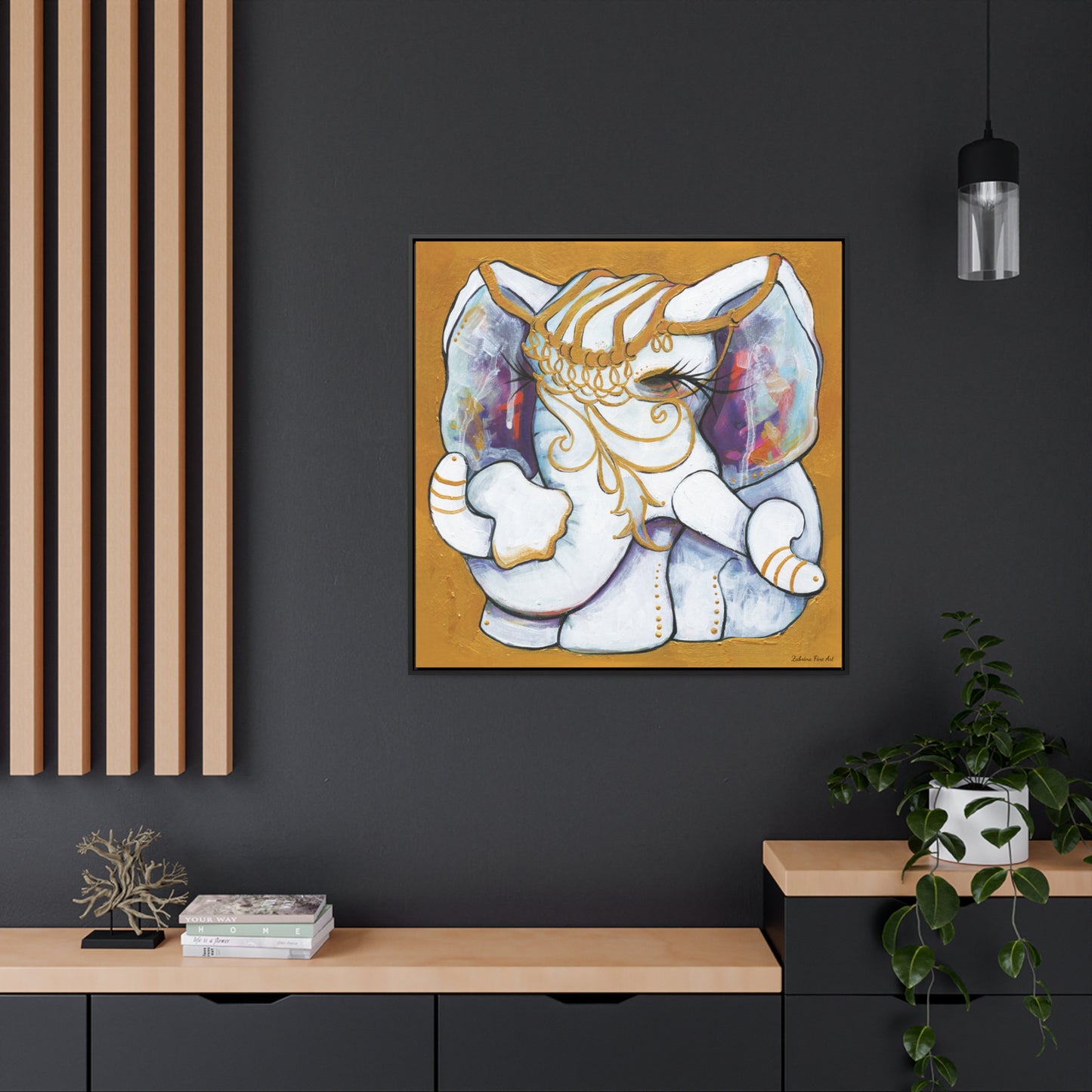 "Gold and White Elephant" Framed Canvas Fine Art Reproduction by Zabrina Fine Art