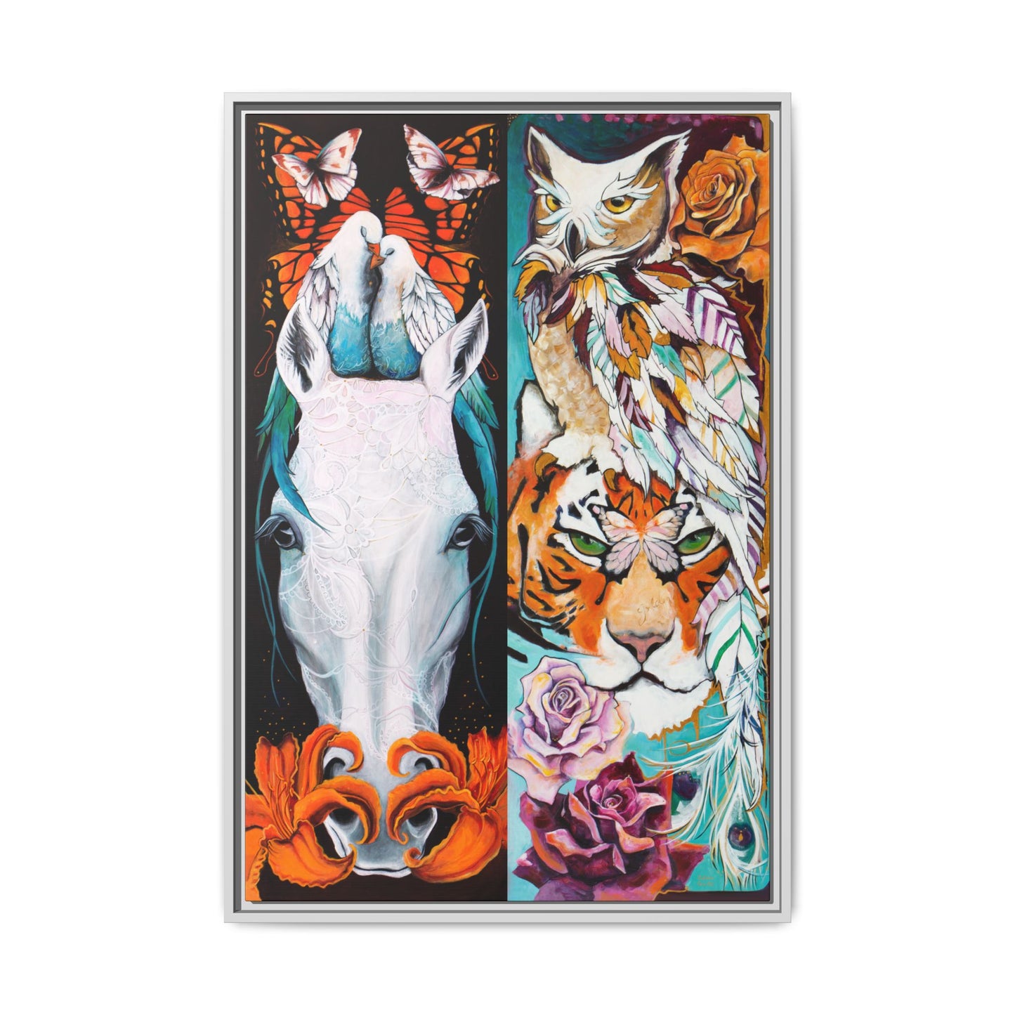 "The Tiger and The Mare" Framed Canvas Fine Art Reproduction by Zabrina Fine Art