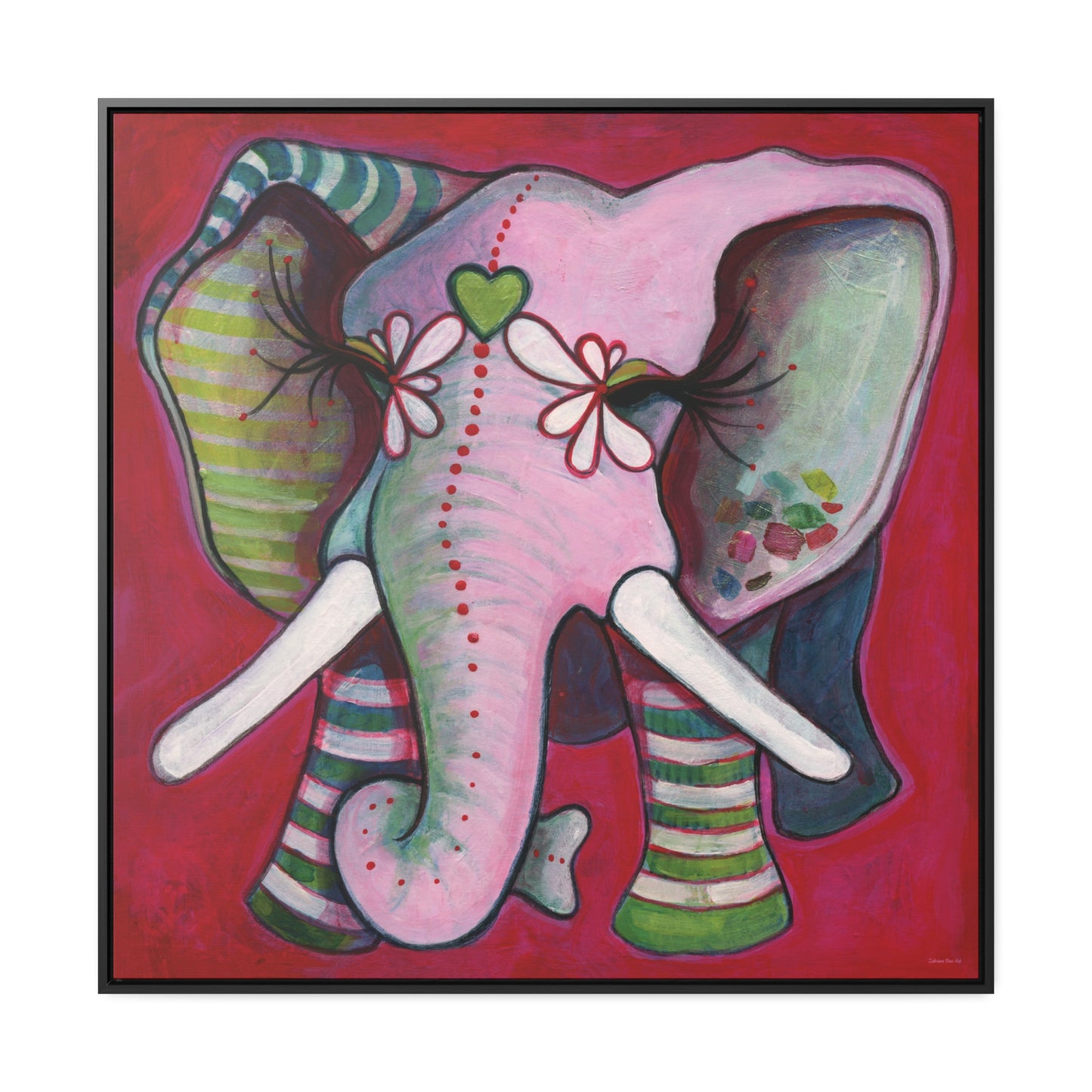 "Green Heart Elephant With Red" Framed Canvas Fine Art Reproduction by Zabrina Fine Art