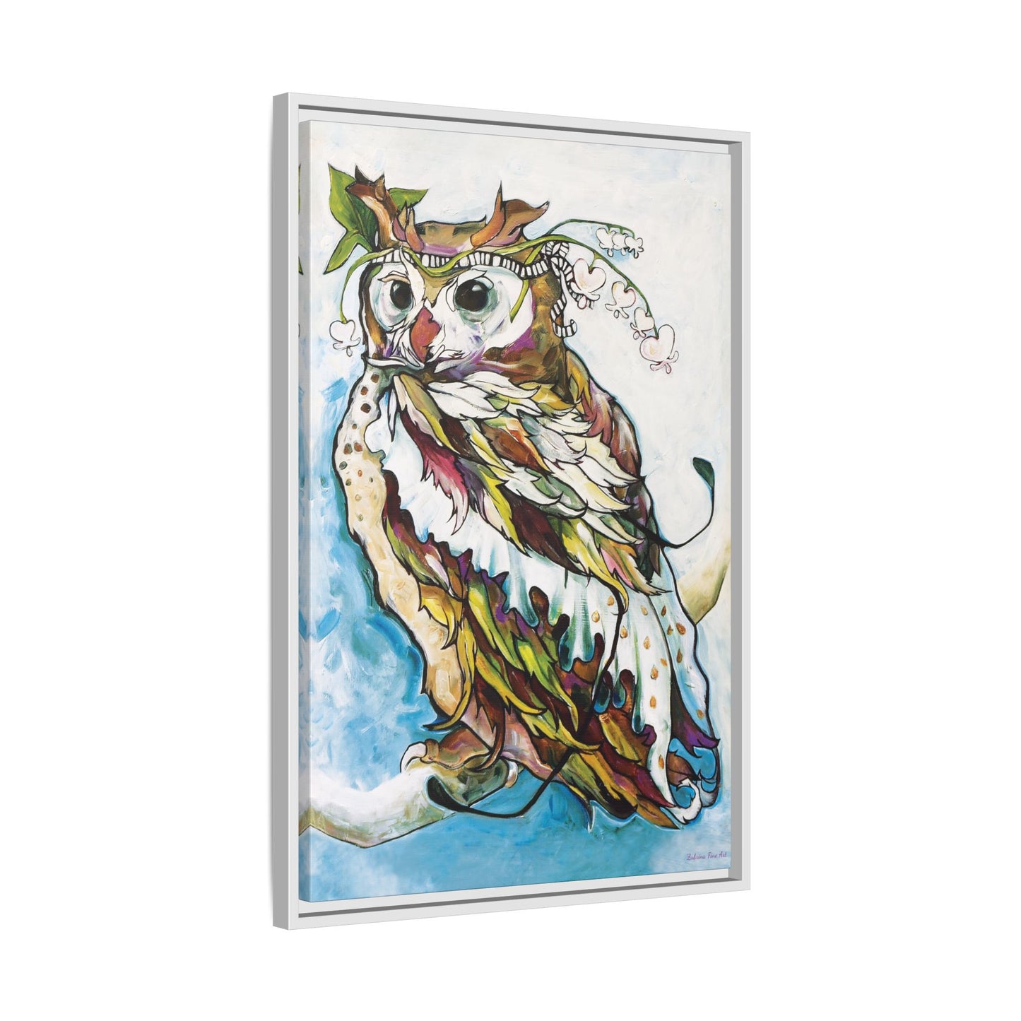 "Owl In Bleeding Hearts Crown" Framed Canvas Fine Art Reproduction by Zabrina Fine Art