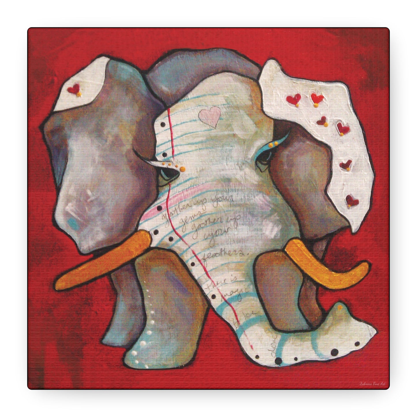 "Red Heart Elephant" Unframed Canvas Black Edge Reproduction by Zabrina Fine Art