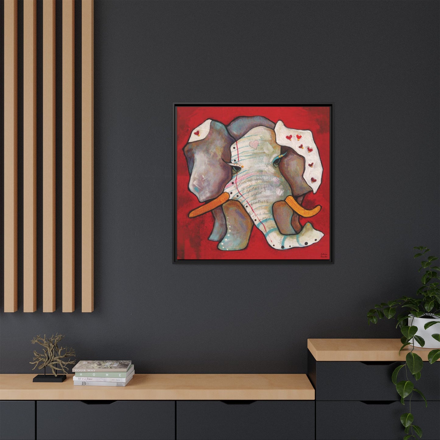 "Red Heart Elephant" Framed Canvas Fine Art Reproduction by Zabrina Fine Art
