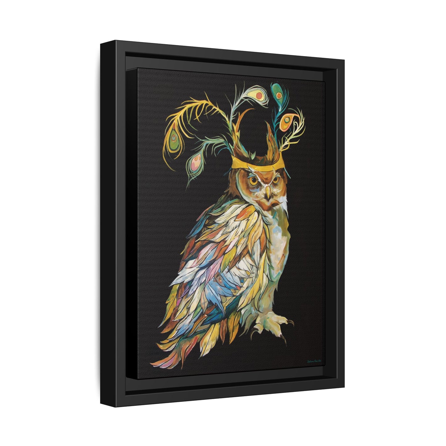 "Owl In A Peacock Crown" Framed Canvas Fine Art Reproduction by Zabrina Fine Art