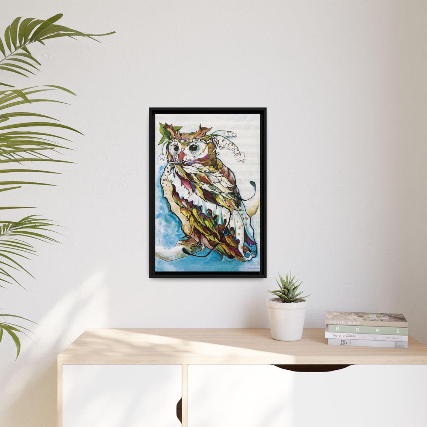 "Owl In Bleeding Hearts Crown" Framed Canvas Fine Art Reproduction by Zabrina Fine Art