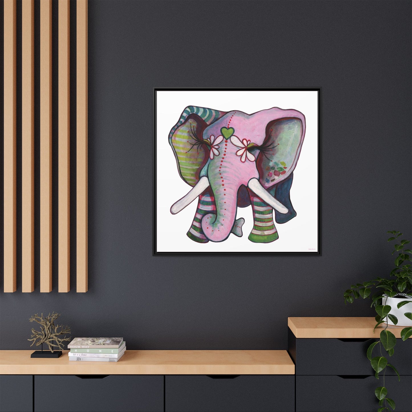 "Green Heart Elephant" Framed Canvas Fine Art Reproduction by Zabrina Fine Art