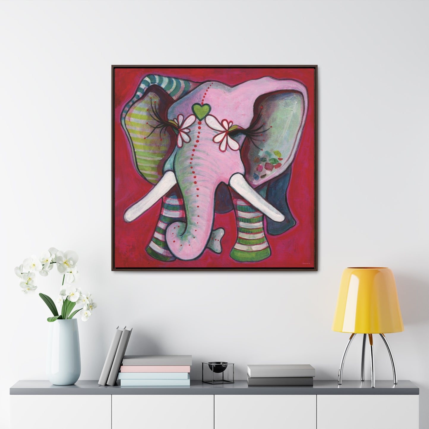 "Green Heart Elephant With Red" Framed Canvas Fine Art Reproduction by Zabrina Fine Art