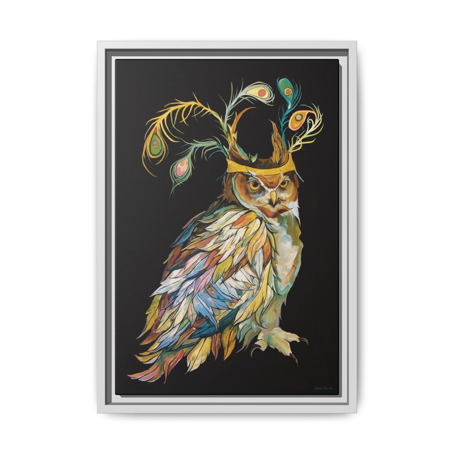 "Owl In A Peacock Crown" Framed Canvas Fine Art Reproduction by Zabrina Fine Art