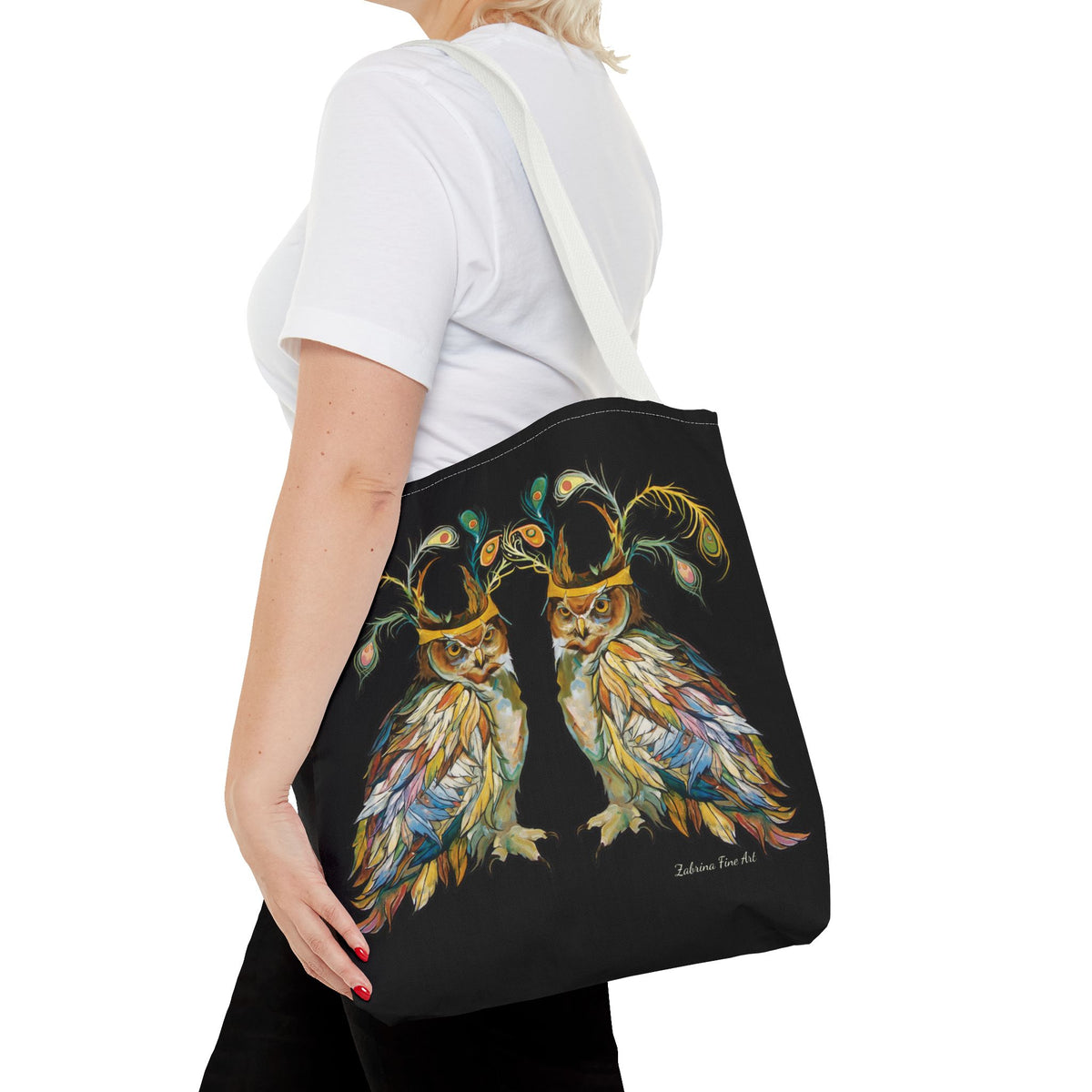 "Two Owls" Tote Bag Black by Zabrina Fine Art