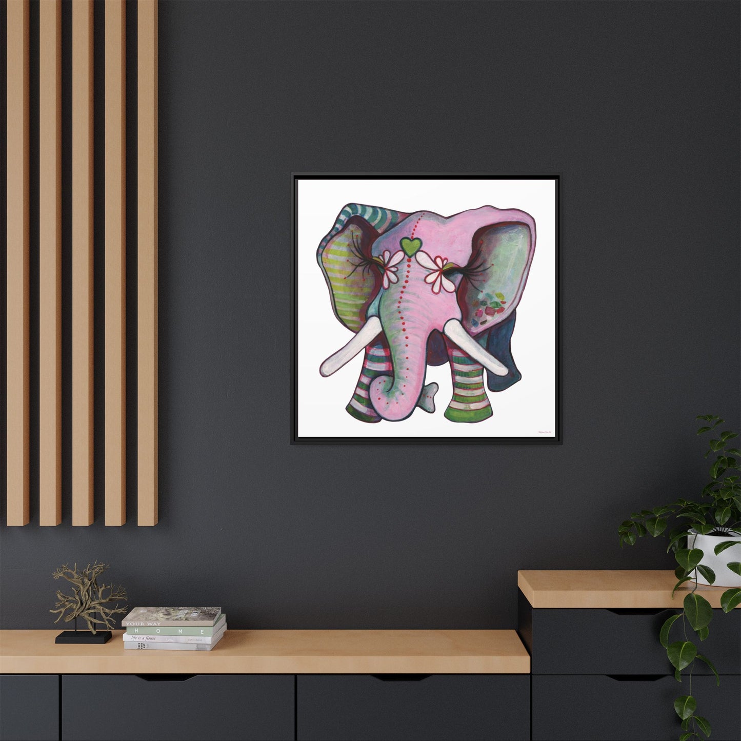"Green Heart Elephant" Framed Canvas Fine Art Reproduction by Zabrina Fine Art