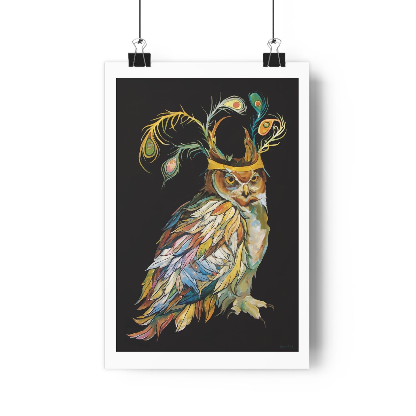 "Peacock Crown Owl" Giclée Art Print by Zabrina Fine Art