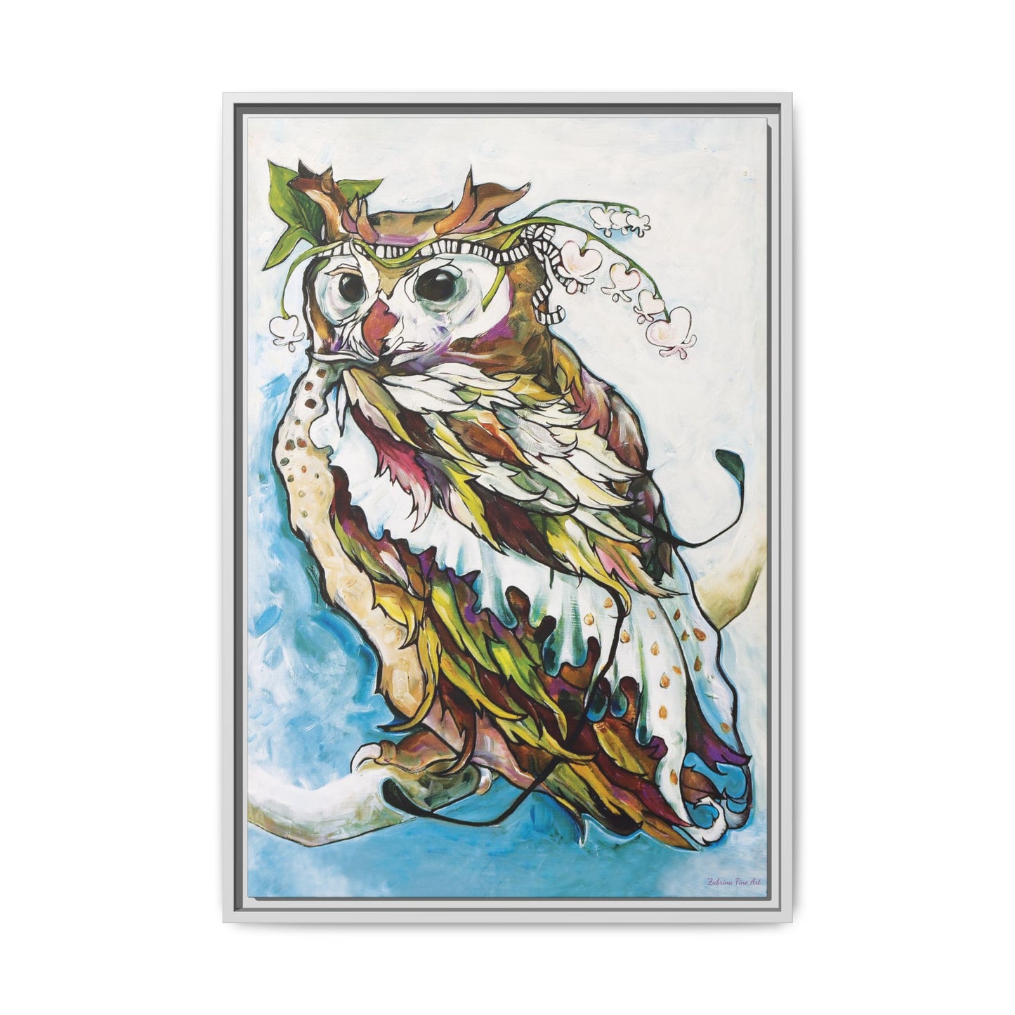"Owl In Bleeding Hearts Crown" Framed Canvas Fine Art Reproduction by Zabrina Fine Art
