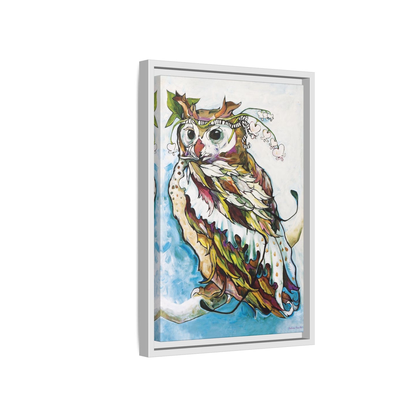 "Owl In Bleeding Hearts Crown" Framed Canvas Fine Art Reproduction by Zabrina Fine Art