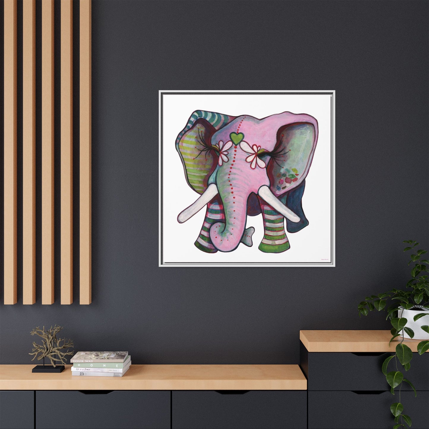 "Green Heart Elephant" Framed Canvas Fine Art Reproduction by Zabrina Fine Art