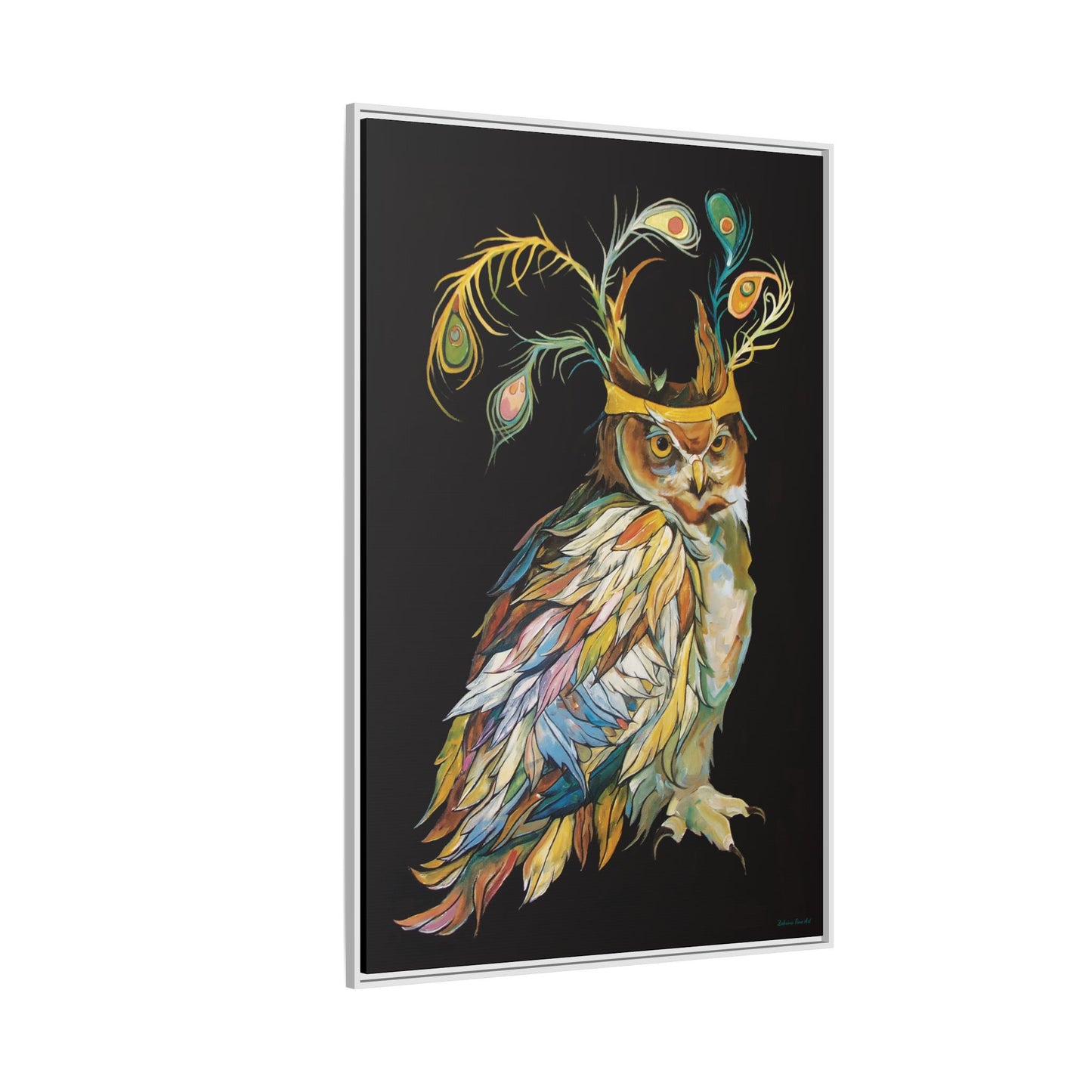 "Owl In A Peacock Crown" Framed Canvas Fine Art Reproduction by Zabrina Fine Art